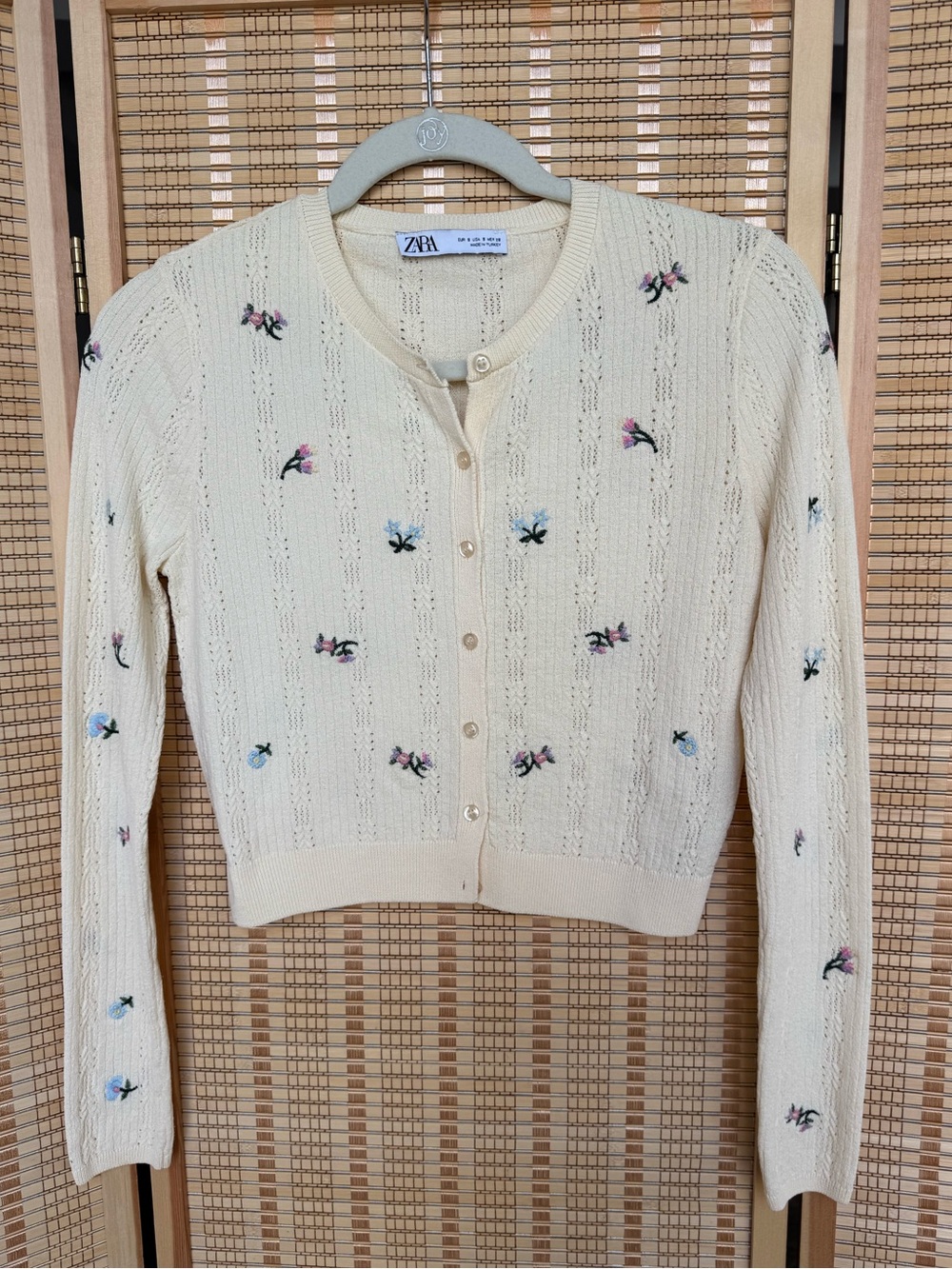 Zara Cream Knit Cardigan with Pink & Blue Floral Embroidery